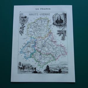 1856 Haute-Vienne old map of department - lovely antique hand-colored print about Limoges Rochechouart vintage maps France vieille carte