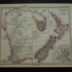 Neuseeland Landkarte GROSS 1884 originale alte antike Landkarte von Tasmanien Westaustralien detaillierte Vintage Karten Christ Church WA 14x19