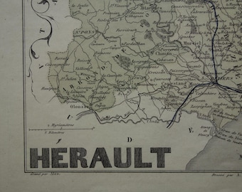 1870 antique map of Hérault departement France  beautiful old hand colored print Montpellier Béziers Sète Lunel Agde Frontignan vielle carte