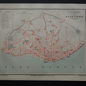 May include: Antique map of Lisbon, Portugal, with the title "Atlas Universel, Plan de Lisbonne". The map features red and black details, including streets, buildings, and the Tagus River. The map is framed with a decorative border.