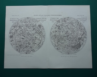 Old astrology print - antique sky map of Libra and Aries hemispheres - vintage poster celestial zodiac signs horoscope star chart