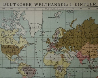 Old German Economy Map Original 1899 antique print about world trade of Germany vintage dated maps - 10x12"