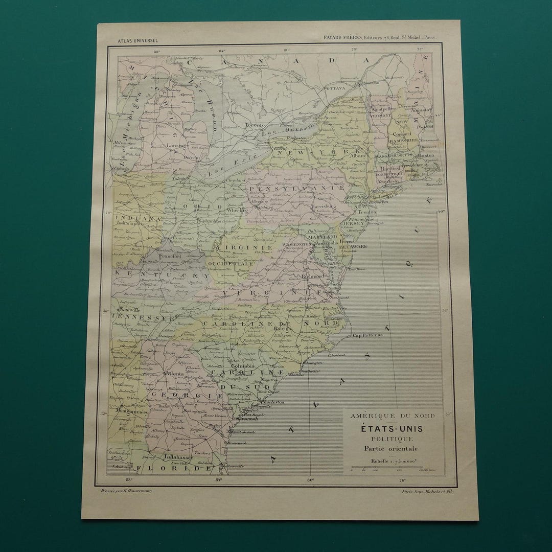 USA Old Map of Eastern US 1896 Antique French Print About United States ...