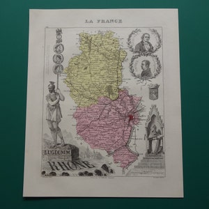 1876 Ancienne carte du département du Rhône, France Belle gravure ancienne sur Lyon Villeurbanne Vénissieux Bron, cartes vintage du Rhône vieille carte image 1