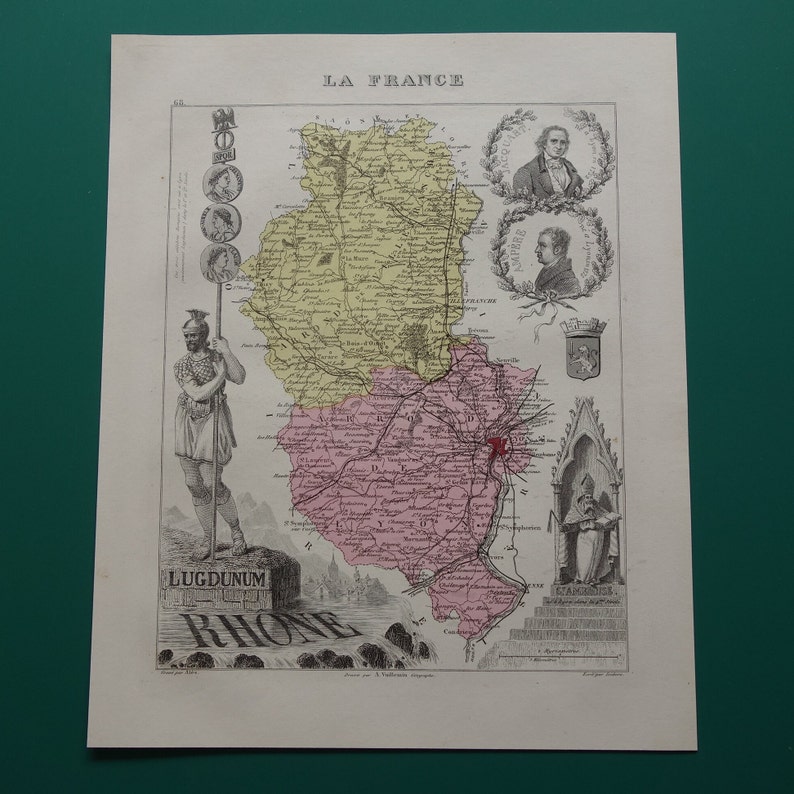 1876 Old map of Rhône department France Lovely antique print about Lyon Villeurbanne Vénissieux Bron vintage maps Rhone vieille carte image 1