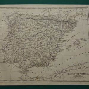 Carte ancienne de l'ESPAGNE Impression allemande originale de plus de 175 ans de l'Espagne et du Portugal, 1849 cartes anciennes