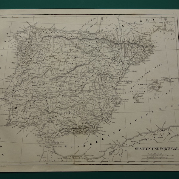 Mapa antiguo de ESPAÑA Impresión alemana original de más de 170 años de España y Portugal mapas antiguos de 1849