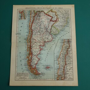 Carte vintage de l'AMÉRIQUE DU SUD de 1936 de l'Argentine Ancienne carte détaillée des Pays-Bas sur la Patagonie, le Chili, l'Uruguay, Buenos Aires, Cartes vintage originales