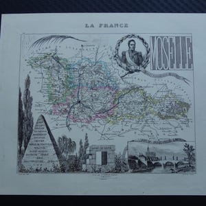 Ancienne carte du département de la Moselle, France 1856 Belle impression ancienne colorée à la main sur Metz Thionville Sarreguemines Yutz, cartes anciennes