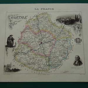 SARTHE mapa antigo do departamento de Sarthe França 1856 impressão antiga colorida à mão Le Mans La Flèche Mapas vintage de Sablé-sur-Sarthe Allonnes