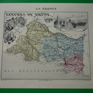 1870 antique map of Bouches-du-Rhône department France Beautiful old hand colored print Marseille Arles Aix-en-Provence Martigues