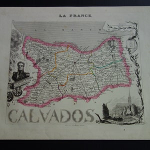 May include: Antique map of Calvados, France, with the title "LA FRANCE" at the top. The map features pink, orange, and green lines highlighting regions. Illustrations of a man and a building are on the sides. The word "CALVADOS" is at the bottom.