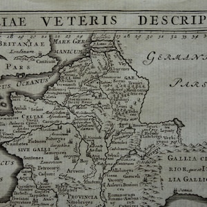 Carte de la ville de Gaulle vieille de plus de 360 ans, gravure ancienne originale France Belgique dans l'antiquité petites cartes vintage 5 x 5 pouces Cluver Galliae Veteris Descriptio