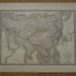 Carte ancienne de l'Asie de l'Asie, grande 1851, impression ancienne originale française du continent asiatique, affiche vintage de cartes colorées à la main, 20 x 27 po.