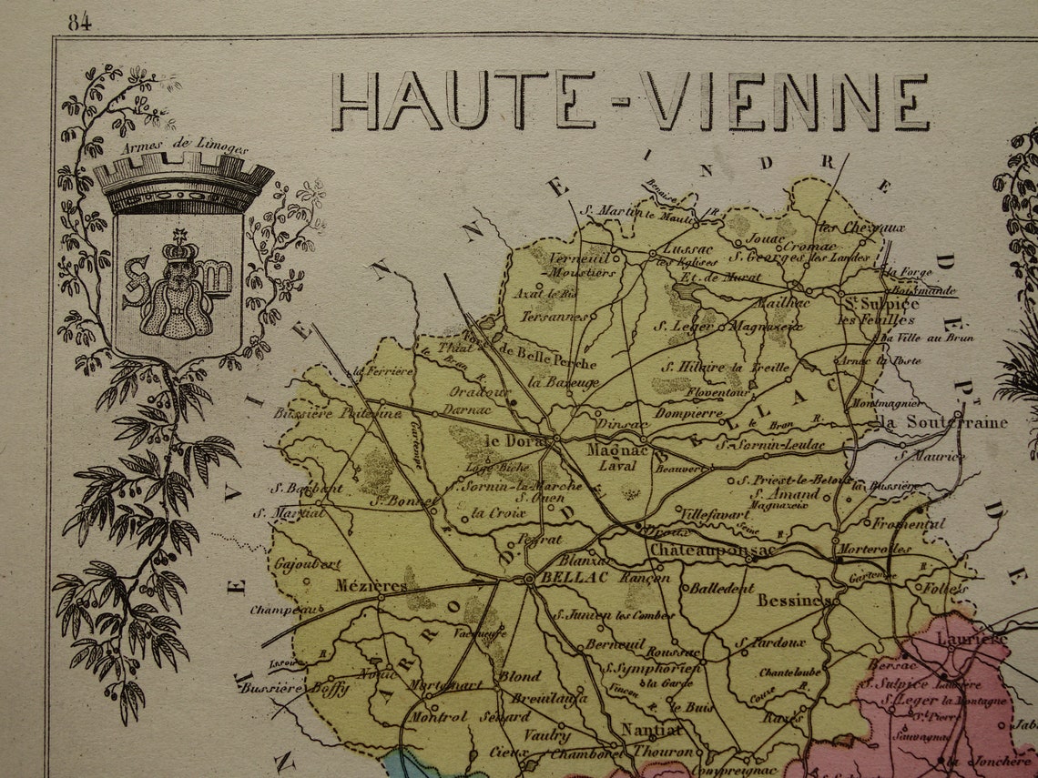 1876 Antique Map of Hautevienne Departement France Etsy
