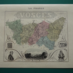 1870 VOSGES mapa antigo de Vosges Gravura antiga original colorida à mão Épinal Contrexéville Departamento de Gérardmer França Mapas vintage de Jeanne D'Arc
