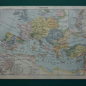 KREUZZÜGE alte Landkarte von den Kreuzzugs-Wegen 1902 original antike Landkarte Europa Palästina vintage Geschichtskarten Jerusalem 23x31 c 9 x 12 in