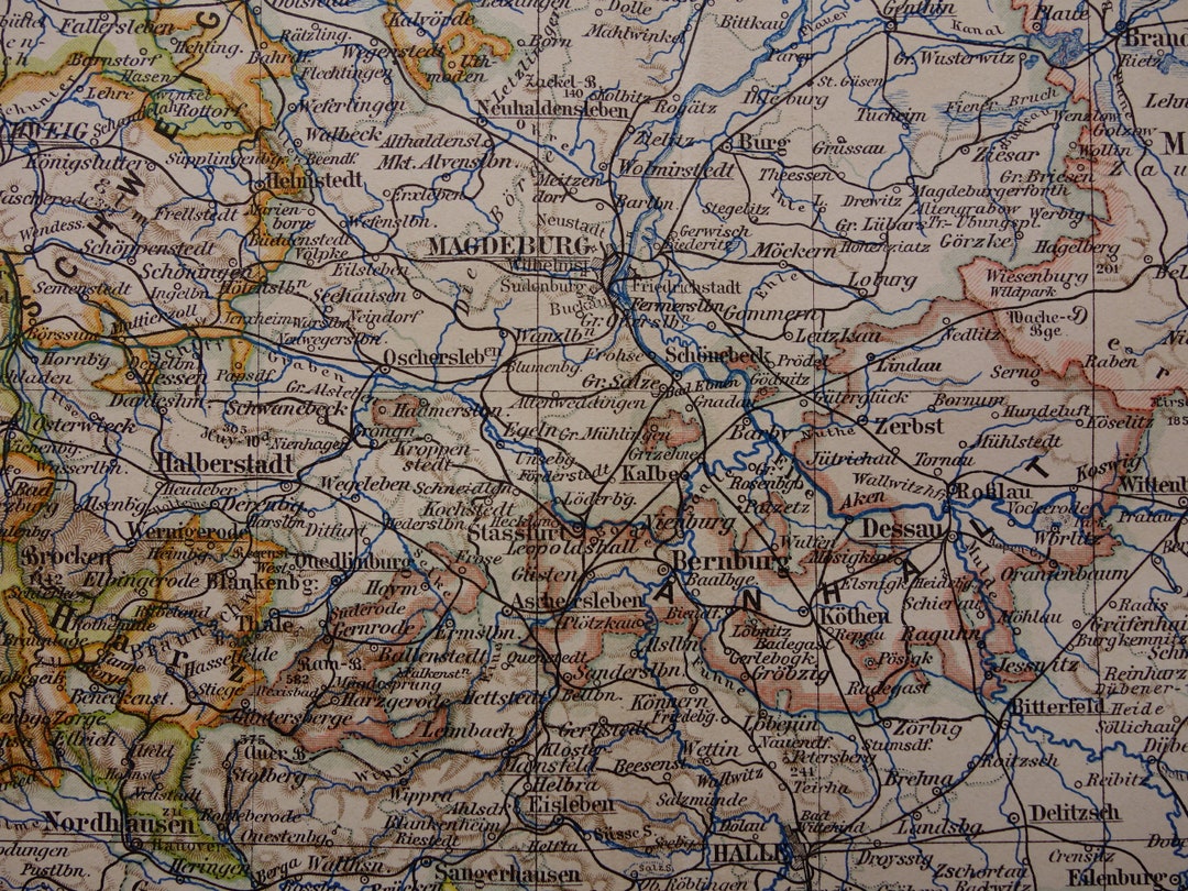GERMANY Old Map of Saxony Prov. 1906 Original Antique Print Berlin Halle Magdeburg Erfurt ...