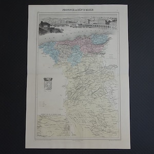 アルジェリア アルジェリアの古地図 1886年 オリジナルアンティーク手彩色版画 - アルジェ メデア・オーマル ヴィンテージ地図 大判 34x47c 13x19''