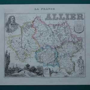 1856 ALLIER old map of Allier departement France Lovely hand-colored antique print about Montluçon Vichy Moulins vintage maps vielle carte