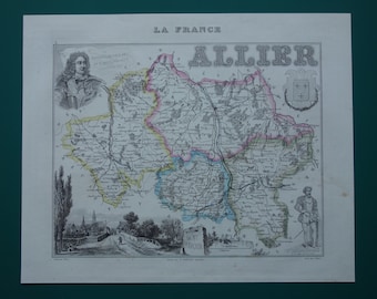 1856 ALLIER old map of Allier departement France Lovely hand-colored antique print about Montluçon Vichy Moulins vintage maps vielle carte