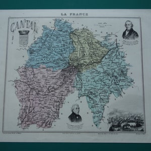 CANTAL mapa antigo do departamento francês 1886 pôster antigo original colorido à mão Aurillac Saint-Flour Arpajon-sur-Cère - mapas vintage França