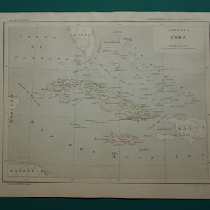 Carte de CUBA 1896, carte ancienne originale colorée à la main