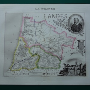 ランド県の古い地図 1856年 モン・ド・マルサン・ダックス・ビスカロッセに関する美しいアンティークの手彩色ポスター - フランスのヴィンテージ地図