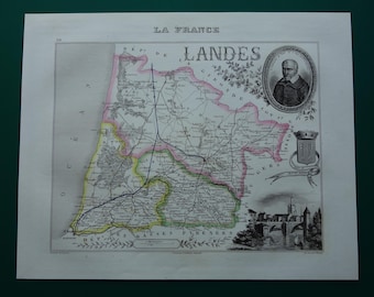 LANDES old map of Landes departement 1856 beautiful antique hand-colored poster about Mont de Marsan Dax Biscarrosse - vintage maps France