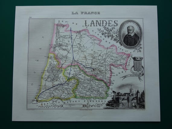 LANDES Old Map of Landes Departement 1856 Beautiful Antique Hand