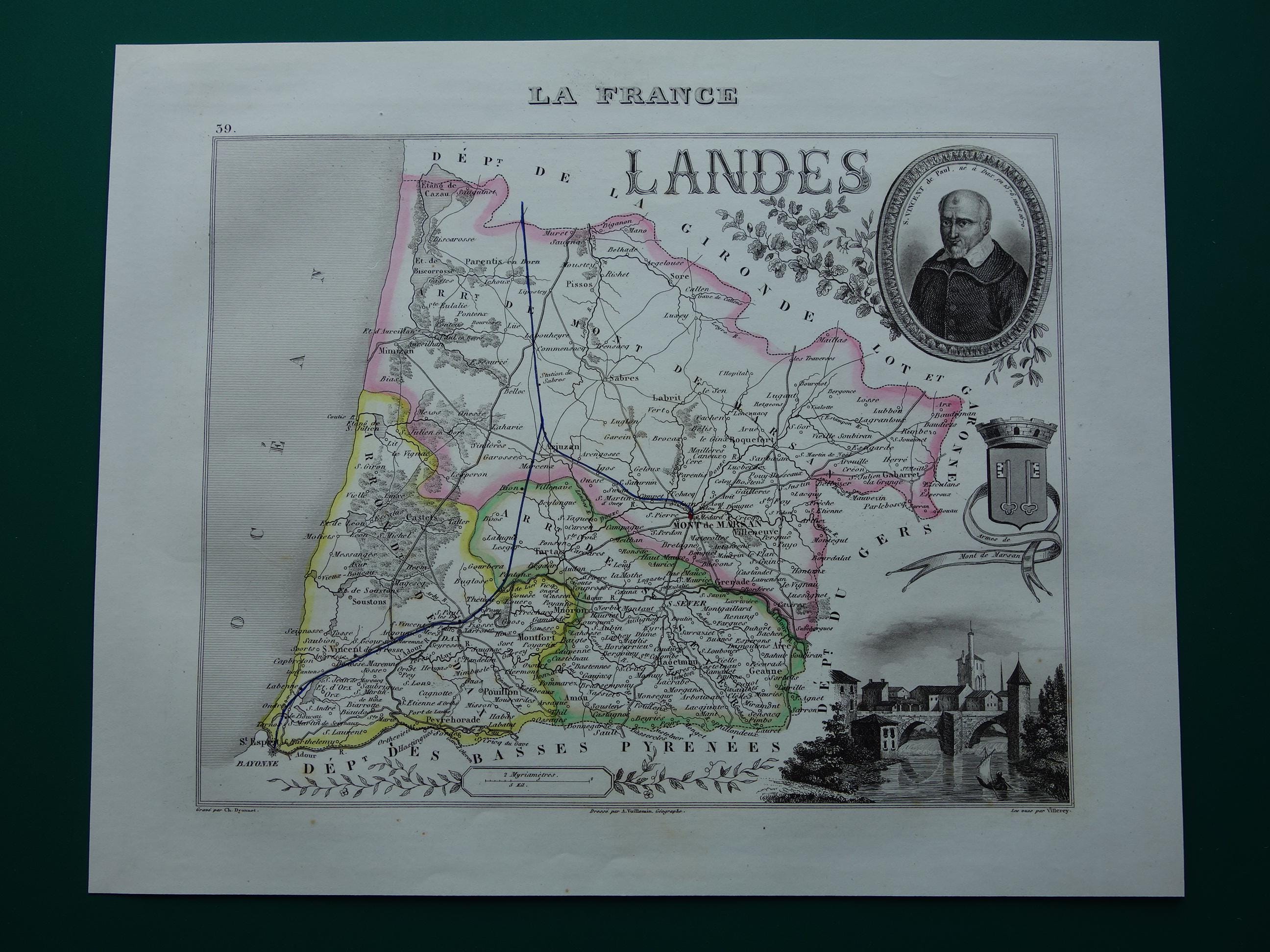 LANDES Old Map of Landes Departement 1856 Beautiful Antique Hand