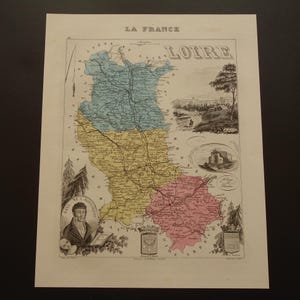 Ancienne carte du département de la LOIRE, France 1876, gravure ancienne originale Saint-Saint-Étienne Roanna Montbrison, cartes détaillées vintage France