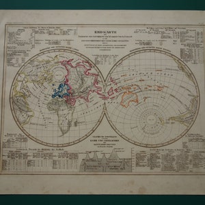 Antike Weltkarte 1849 original 175+ Jahre alter Druck Landkarte Hemisphäre Vintage Weltkarten Geologie