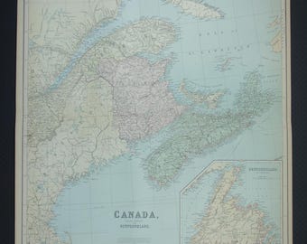 CANADA old map of Quebec Nova Scotia 1890 Large original antique maps Newfoundland vintage poster Canada 22x27" big