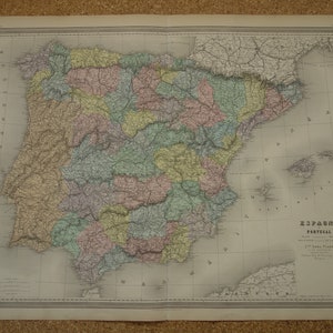 Alte Landkarte von Spanien und Portugal Wunderschöner originaler handkolorierter antiker großer Druck Vintage Landkarten von Spanien