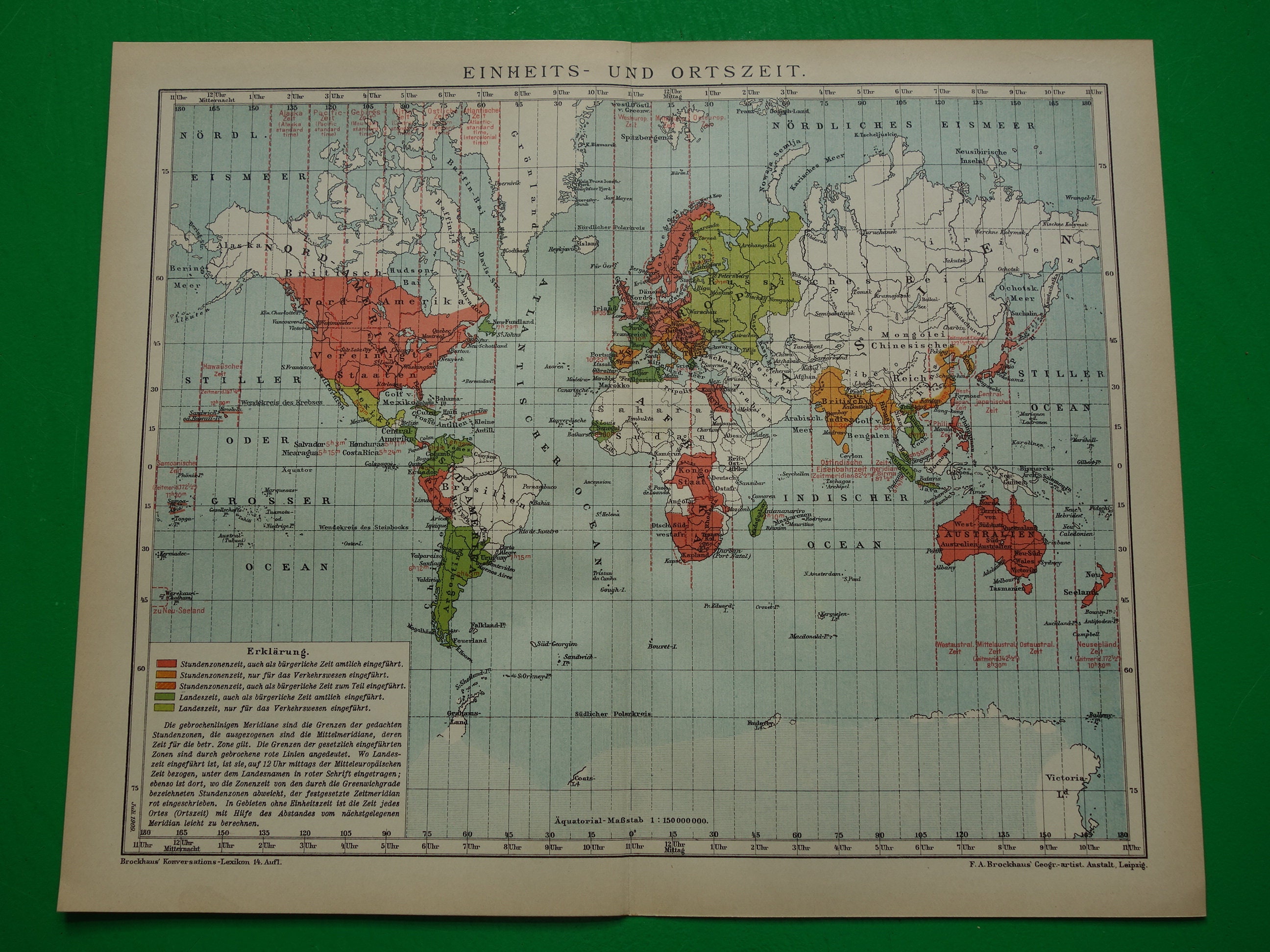 Vintage World Map of Time Zones 1909 Original Antique German