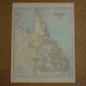 Vecchia mappa del Queensland, Australia, GRANDE mappa originale del 1890 su Brisbane, Gold, Sunshine Coast, poster vintage