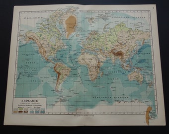 1905 antike Mercator-Weltkarte – alte Weltkarte der Höhen, Wetter, Klima und Meeresströmungen, Vintage Mappemonde Weltkarte Ozeanographie, 23 x 30 cm