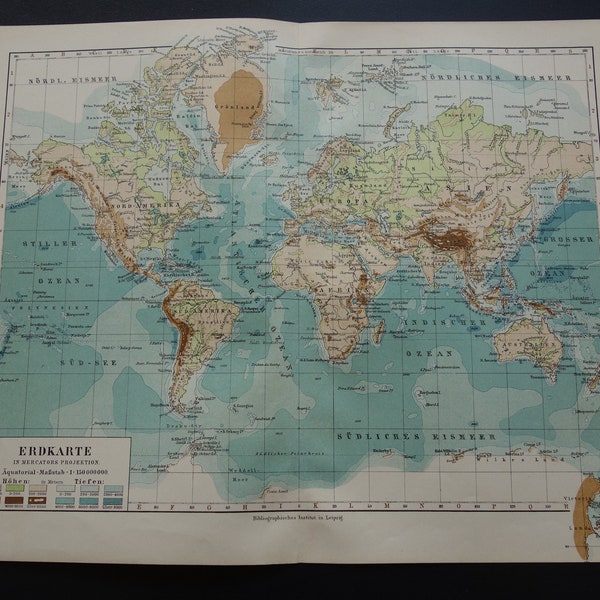 1905 antique Mercator worldmap - old world map of heights weather climate and ocean currents vintage mappemonde Weltkarte oceanography 9x12"