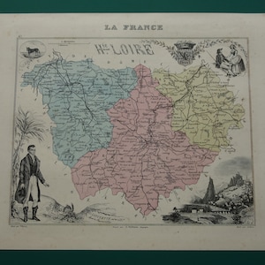 150+ years old map of Haute-Loire department Original hand-colored antique print Le Puy Rocher St. Michel vintage maps France 9x11"