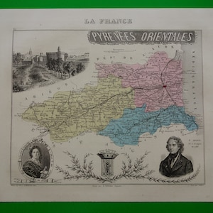 Carte ancienne du département des Pyrénées-Orientales en France de 1882 - belle estampe ancienne coloriée à la main - Perpignan Saint-Estève Elne affiche ancienne