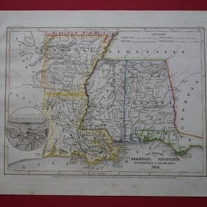 Alte Karte von Mississippi, Alabama, Arkansas, Louisiana USA 1850 original antique Druck Jackson New Orleans vintage State Maps 10x12"