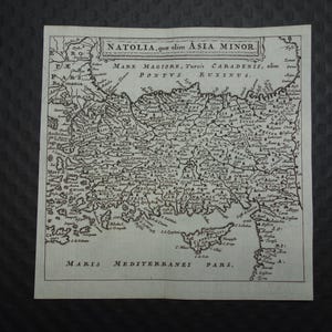 360+ Jahre alte Landkarte von der Türkei Original, antiker Druck Zypern Kleinasien Vintage kleine Karten 5x5"