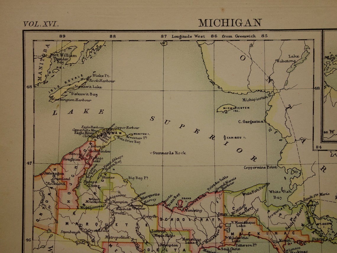Antique Michigan Map 1883 Original Old Map of Michigan State Etsy