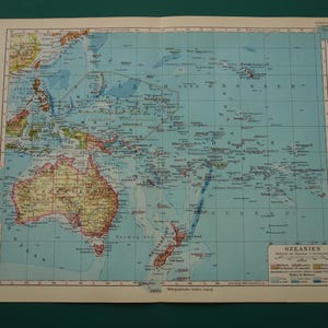 OCEANIA vecchia mappa dell'Oceania 1928 Stampa d'epoca originale su Pacifico Australia Nuova Zelanda Hawaii Indonesia Polinesia mappe antiche dettagliate