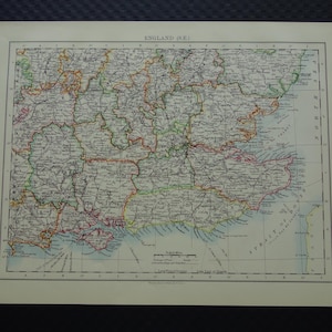ENGLAND Old map of southeast England 1901 original antique print English vintage maps