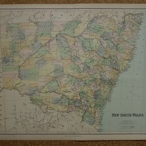 Vecchia mappa del Nuovo Galles del Sud, Australia, GRANDE mappa originale del 1895 su Sydney Port Hunter, poster vintage