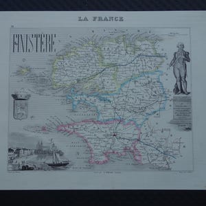 フィニステール県フィニステール県の古い地図 1856 年のカンペール ブレスト コンカルノーのヴィンテージ地図フランスに関する美しいアンティーク手色プリント