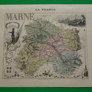 Antieke kaart uit 1870 van het departement MARNE, Frankrijk - prachtige ouderwetse gekleurde afdruk over de vintage kaart van Châlons-en-Champagne Reims Épernay - 9 x 11"