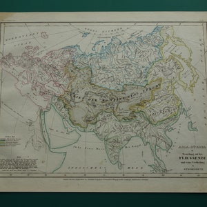 ASIA vintage Landkarte von Asien 1852 original alter antiker handkolorierter Druck über Asiatische Kontinent Flusssysteme - Potamologie Geologie Karten zum Rahmen